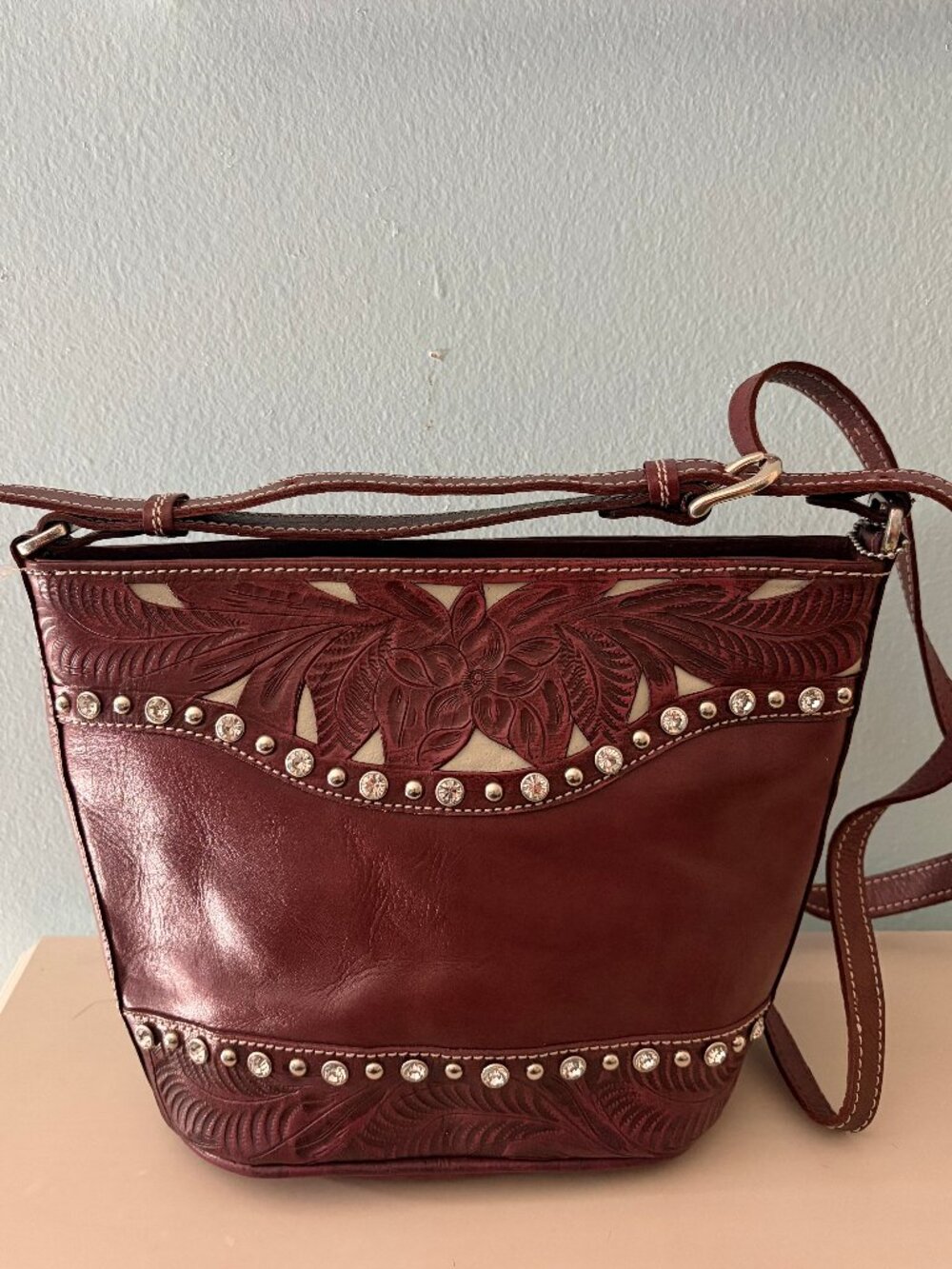 American West Mahogany Brown Tooled Leather Crystal Western Crossbody Bag